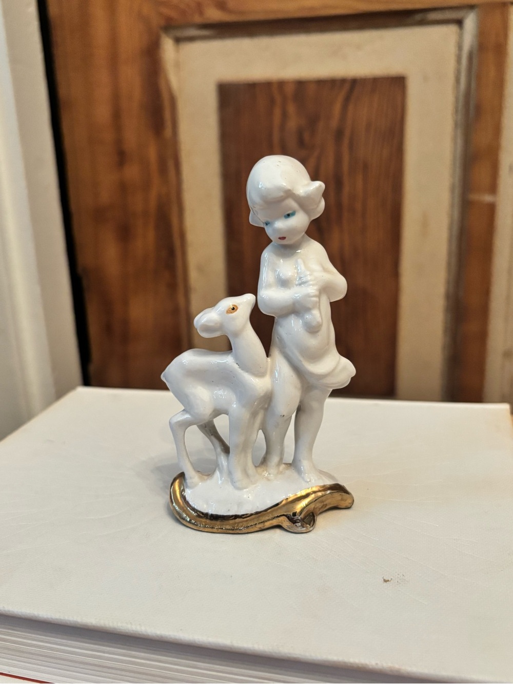 White Porcelain Girl and Fawn Figurine with Gold Base